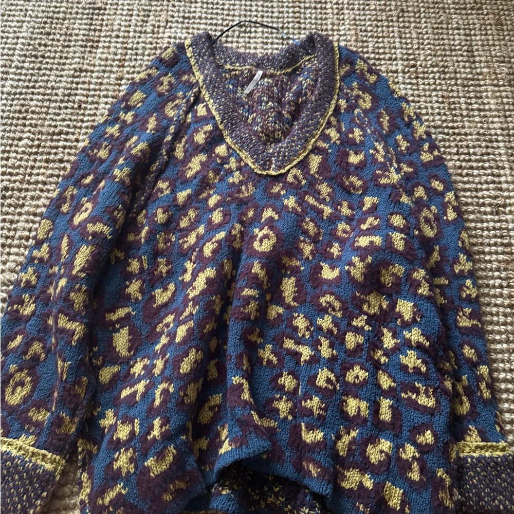 Free People Blue and Brown V-Neck Sweater